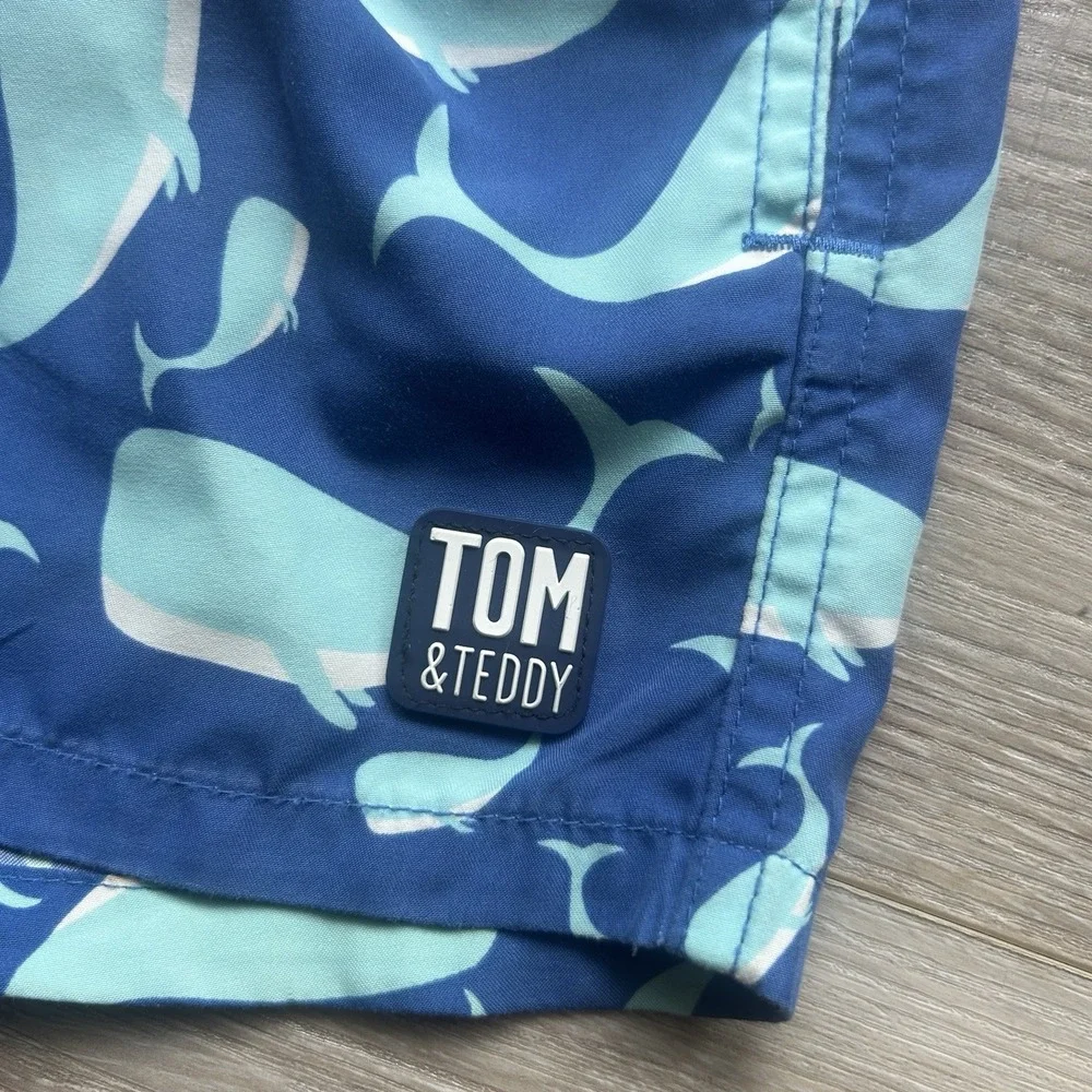 Boys Tom & Teddy Lined Swim‎ Trunks Size 3/4 Blue with Blue Sharks Colorful